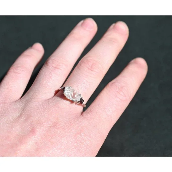 3 Stone Raw Diamond and Garnet Handmade Engagement Ring Rough Natural - Picture 1 of 8